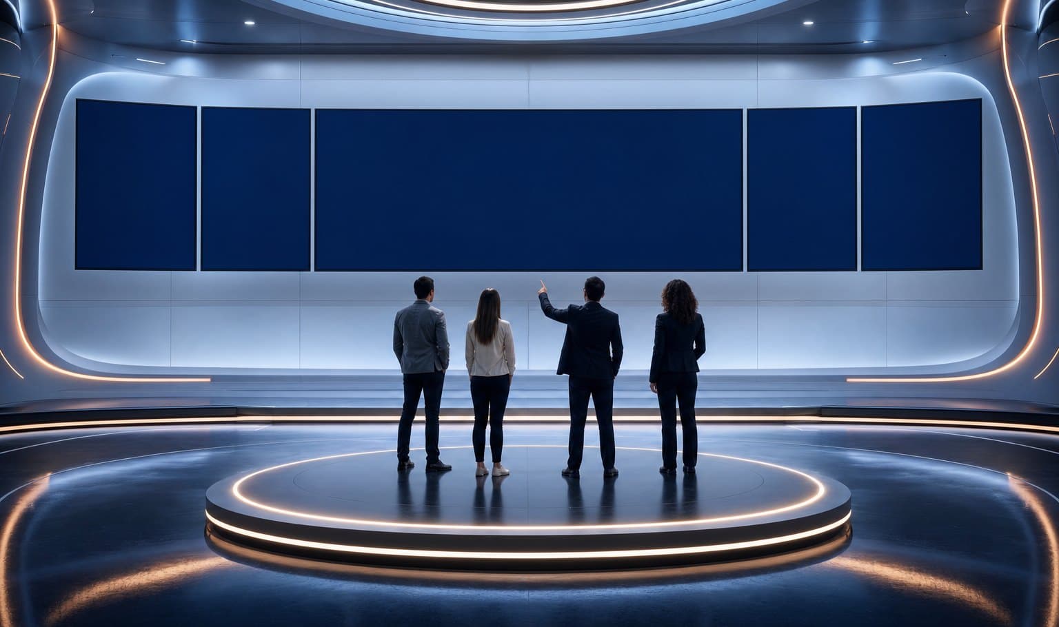 Mission Control: Bildschirmwand mit den Bereichen Vertrieb, Operations, Kunden und Mitarbeiter, in der Mitte meldet VICKI gefundene Chancen und Einsparungen (Beispielansicht, KI-generiertes Raumbild)